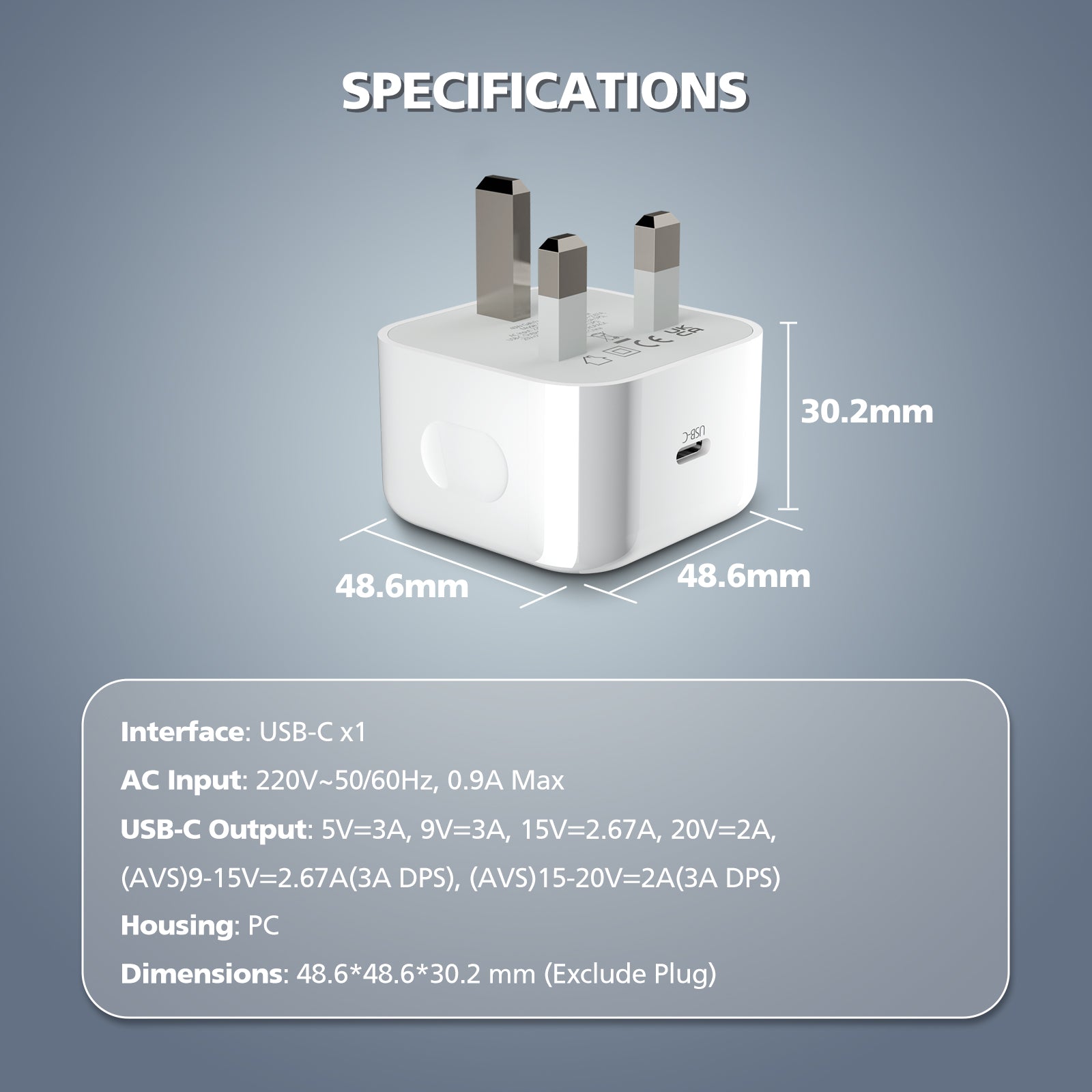 Specification graphic for a white UK wall charger plug with dimensions labeled 48.6mm, 48.
