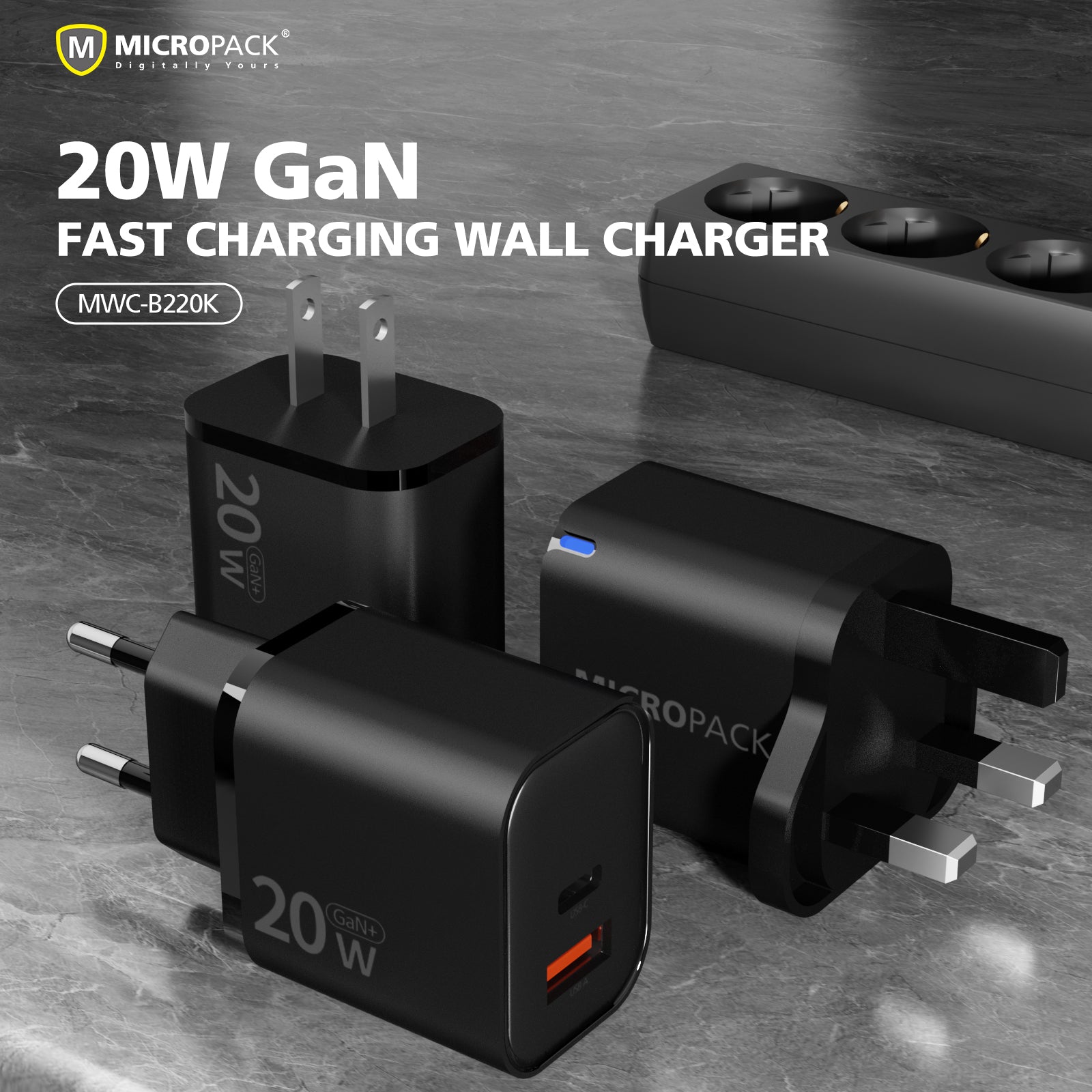 Three black Micropack 20W GaN fast charging wall chargers with UK three-pin plugs, displayed on a textured gray surface with promotional text overlays.