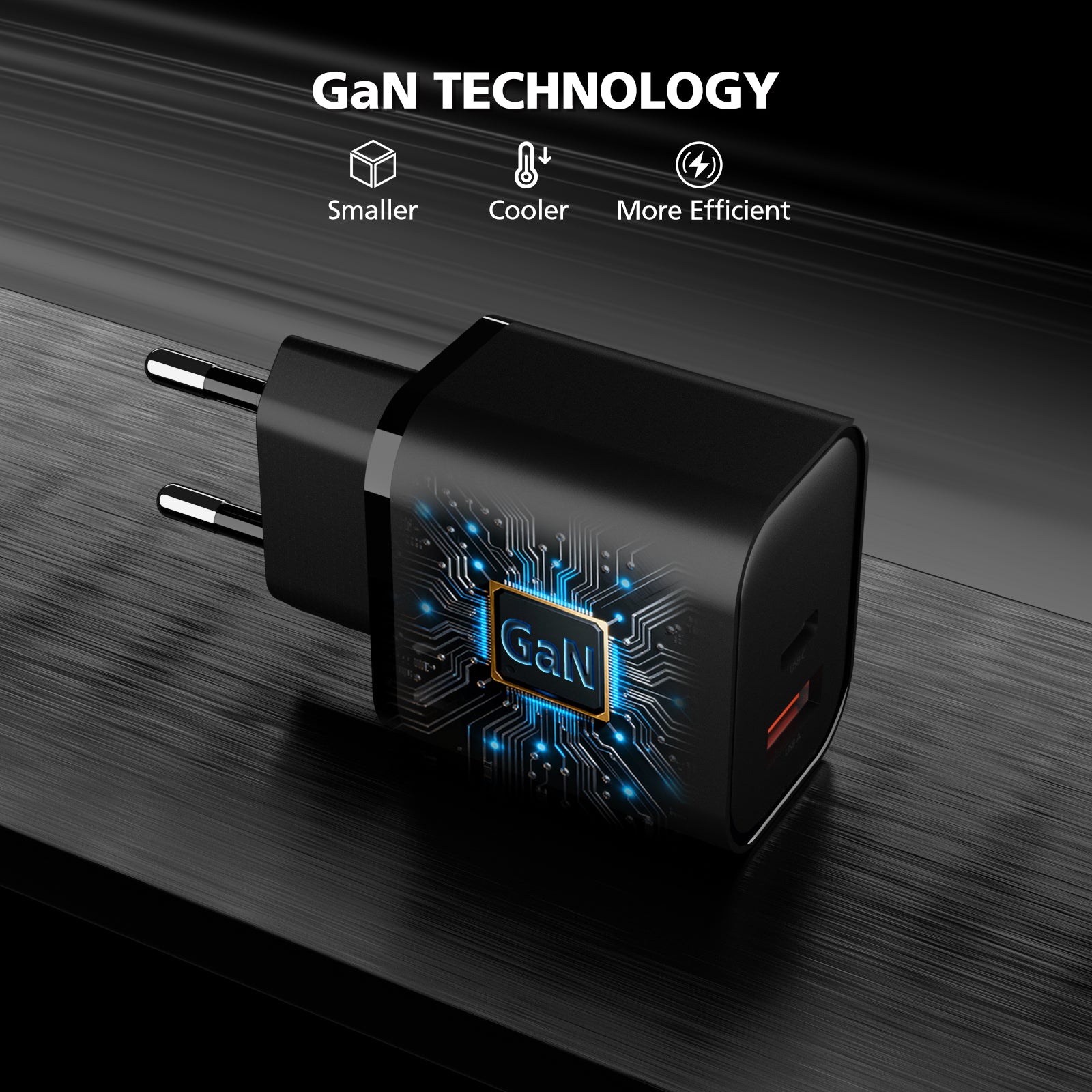 A black GaN technology wall charger with a two-pin plug, featuring a blue circuit board graphic on its side. The image includes marketing text at the top reading 'GaN TECHNOLOGY' with icons for 'Smaller', 'Cooler', and 'More Efficient'.