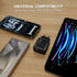 A 20W black USB-C wall charger placed on a light wood surface between smartphones, with text at the top reading 'UNIVERSAL COMPATIBILITY' and 'Works with iPhone, iPad, Galaxy, and More.'.