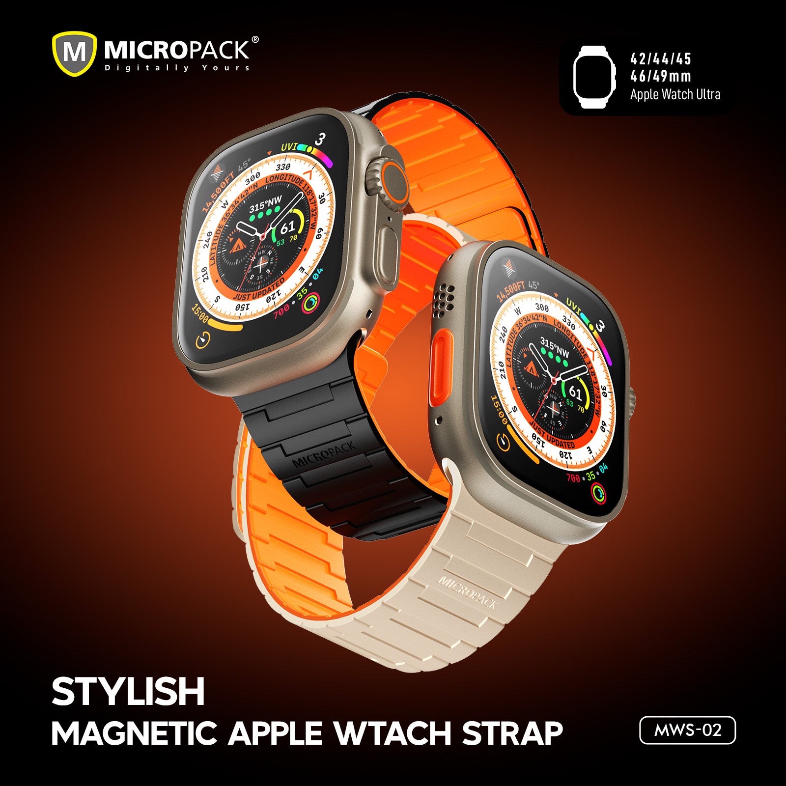 Two smartwatches with orange and beige straps on a dark background, featuring the Micropack brand.