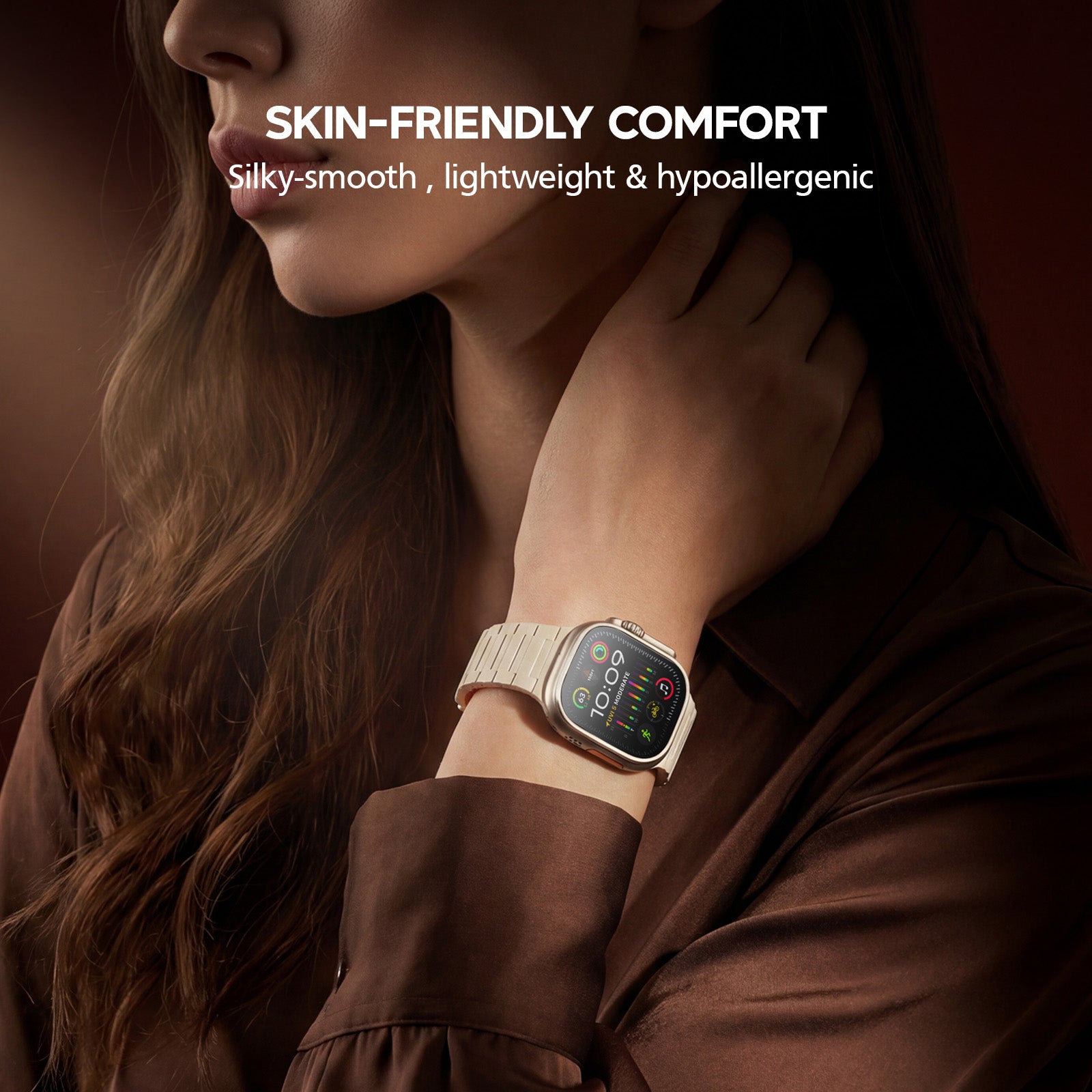Woman wearing a smartwatch with text about skin-friendly comfort