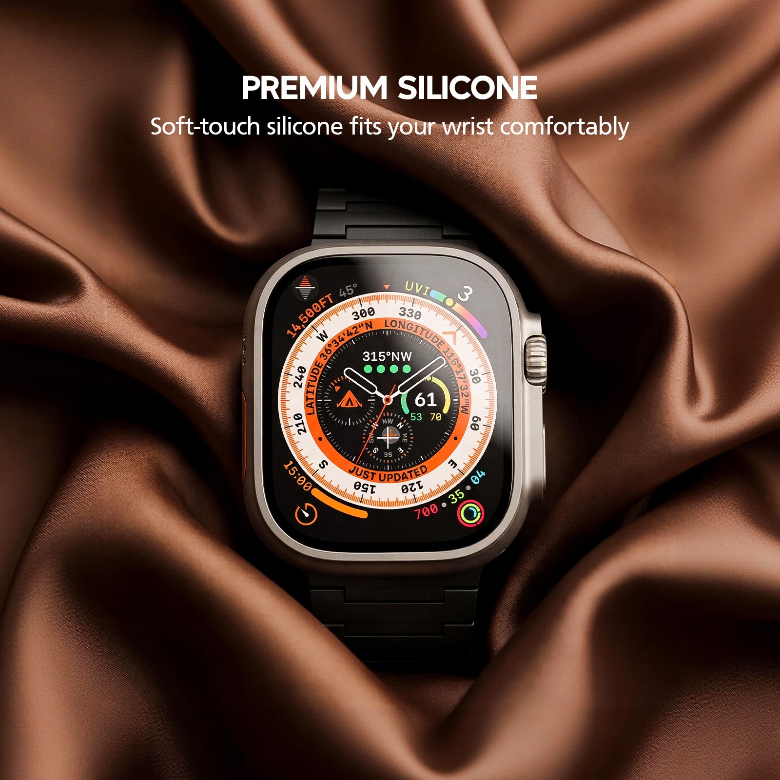 Smartwatch on brown fabric with 'Premium Silicone' text