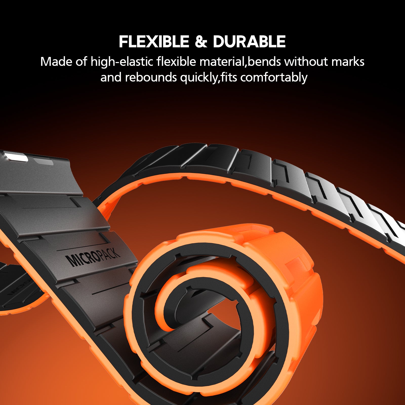 Orange and black flexible material with text on a dark background