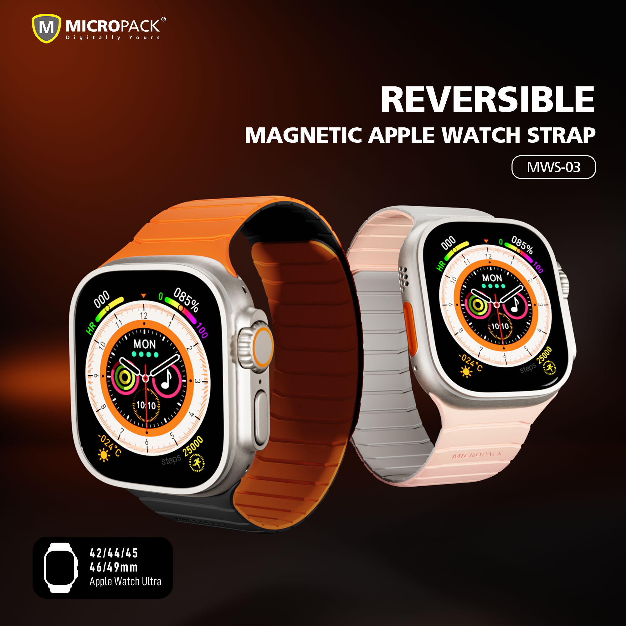 Two Apple Watch with reversible magnetic watch straps on a dark background, featuring Micropack branding.