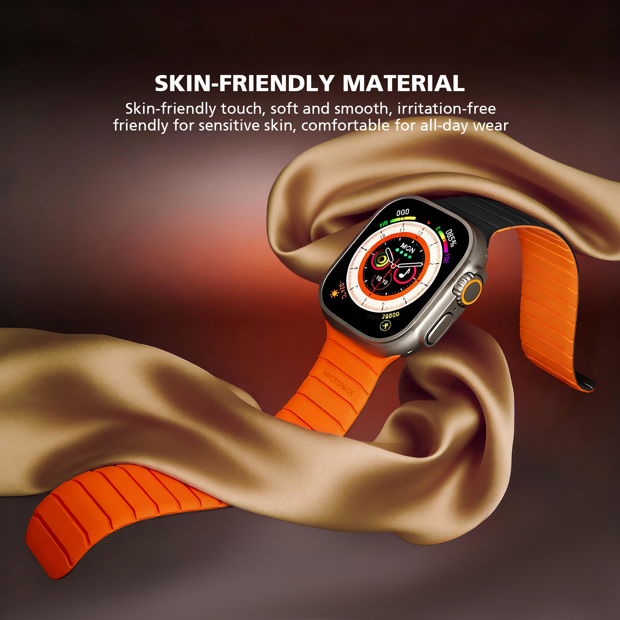 Smartwatch with an orange band on a dark background with text about skin-friendly material.