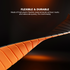 Orange and black flexible material on a dark background with text about its properties.