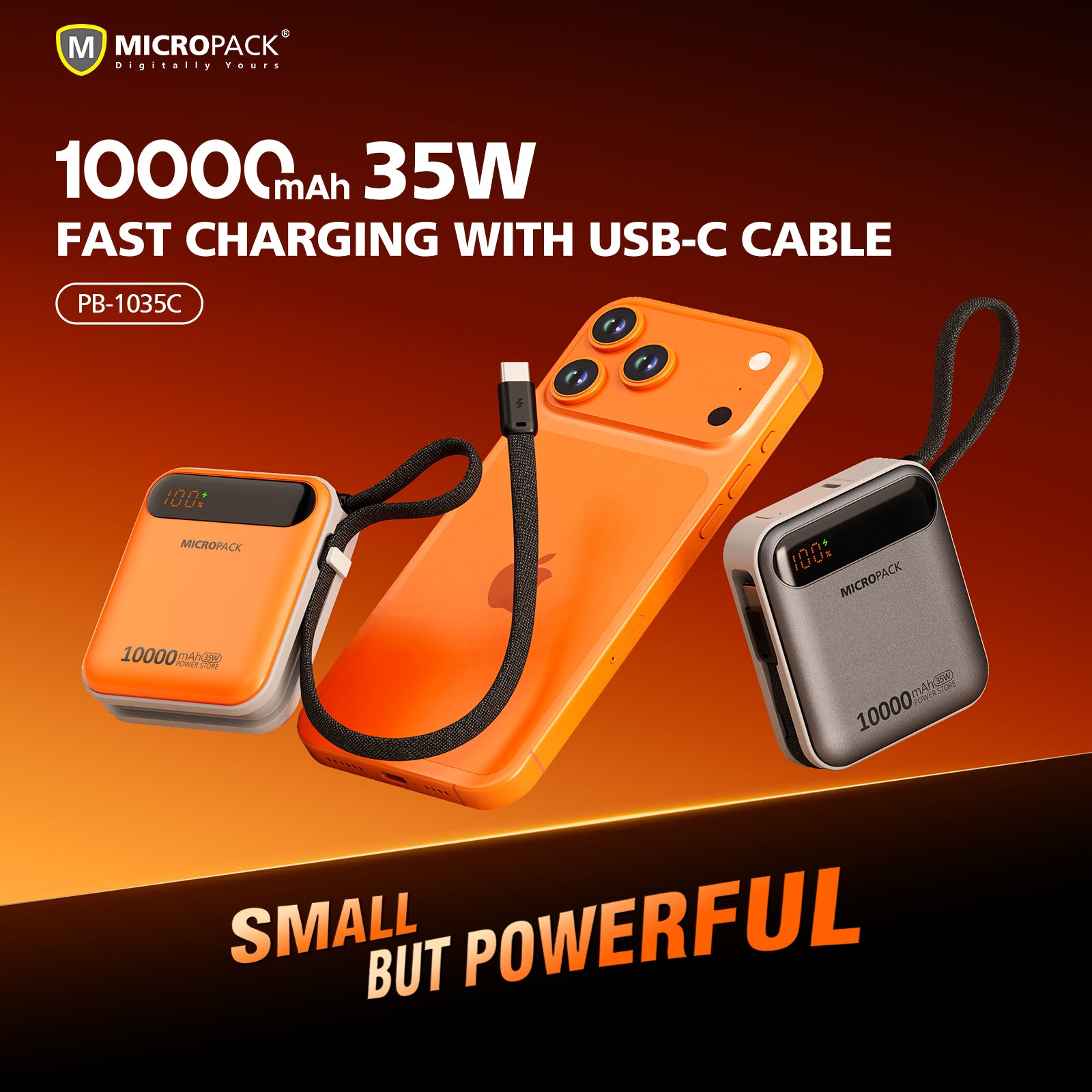 Orange power bank with phone and cable on a gradient background, featuring Micropack branding.