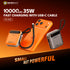 Orange power bank with phone and cable on a gradient background, featuring Micropack branding.