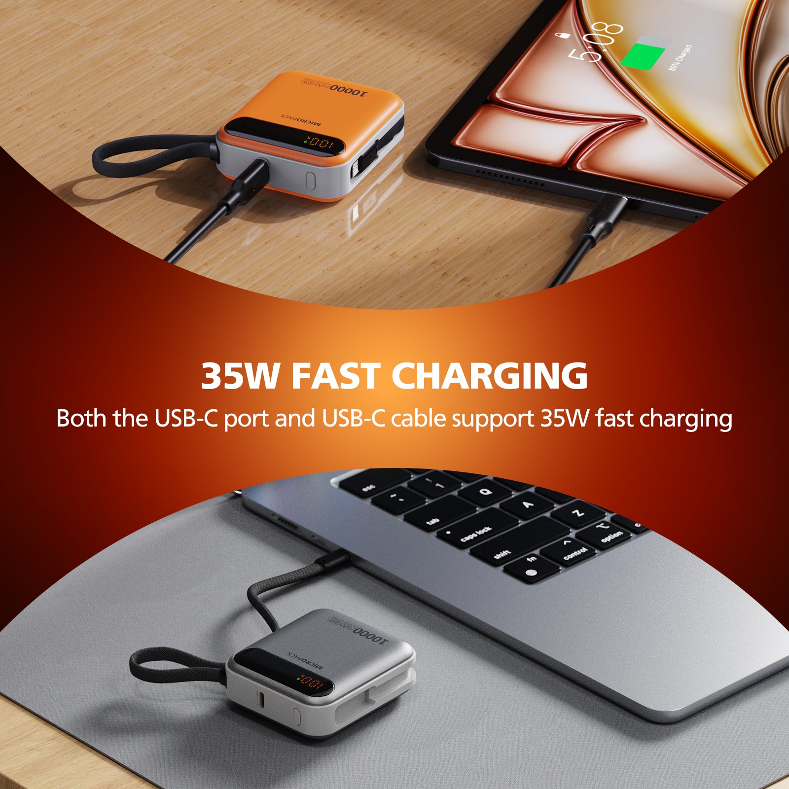 USB-C charging device with laptop and smartphone on a wooden surface, emphasizing 35W fast charging.