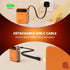 Orange power bank with detachable USB-C cable plugged into a wall outlet, with text highlighting features.
