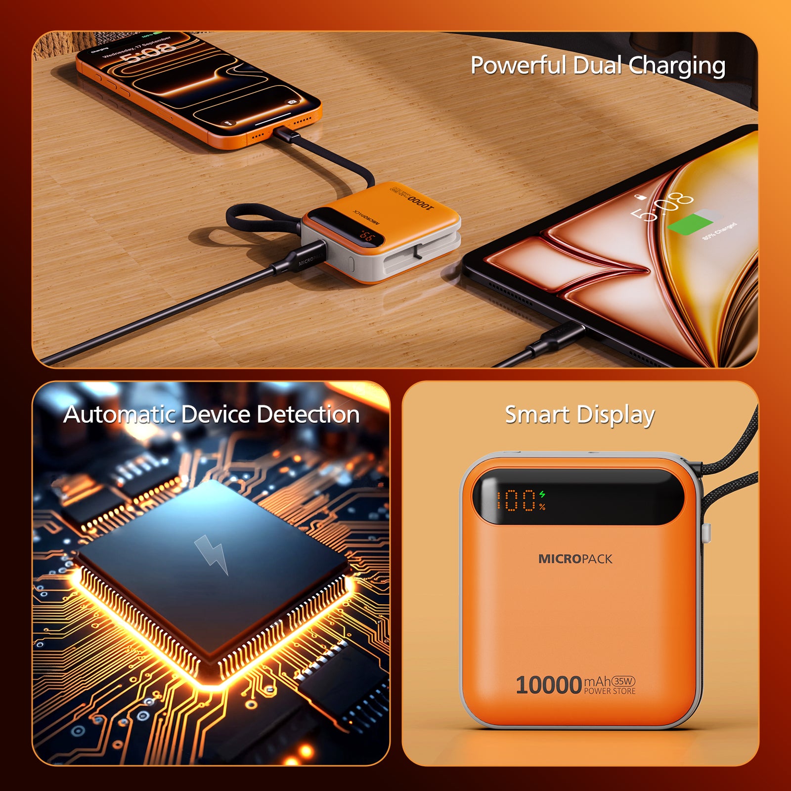 Orange power bank with charging capabilities on a wooden surface, featuring text labels like 'Powerful Dual Charging', 'Automatic Device Detection', and 'Smart Display'.