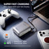 Power bank with gaming controller, laptop, and smartphone on a dark surface with text about super fast charging.