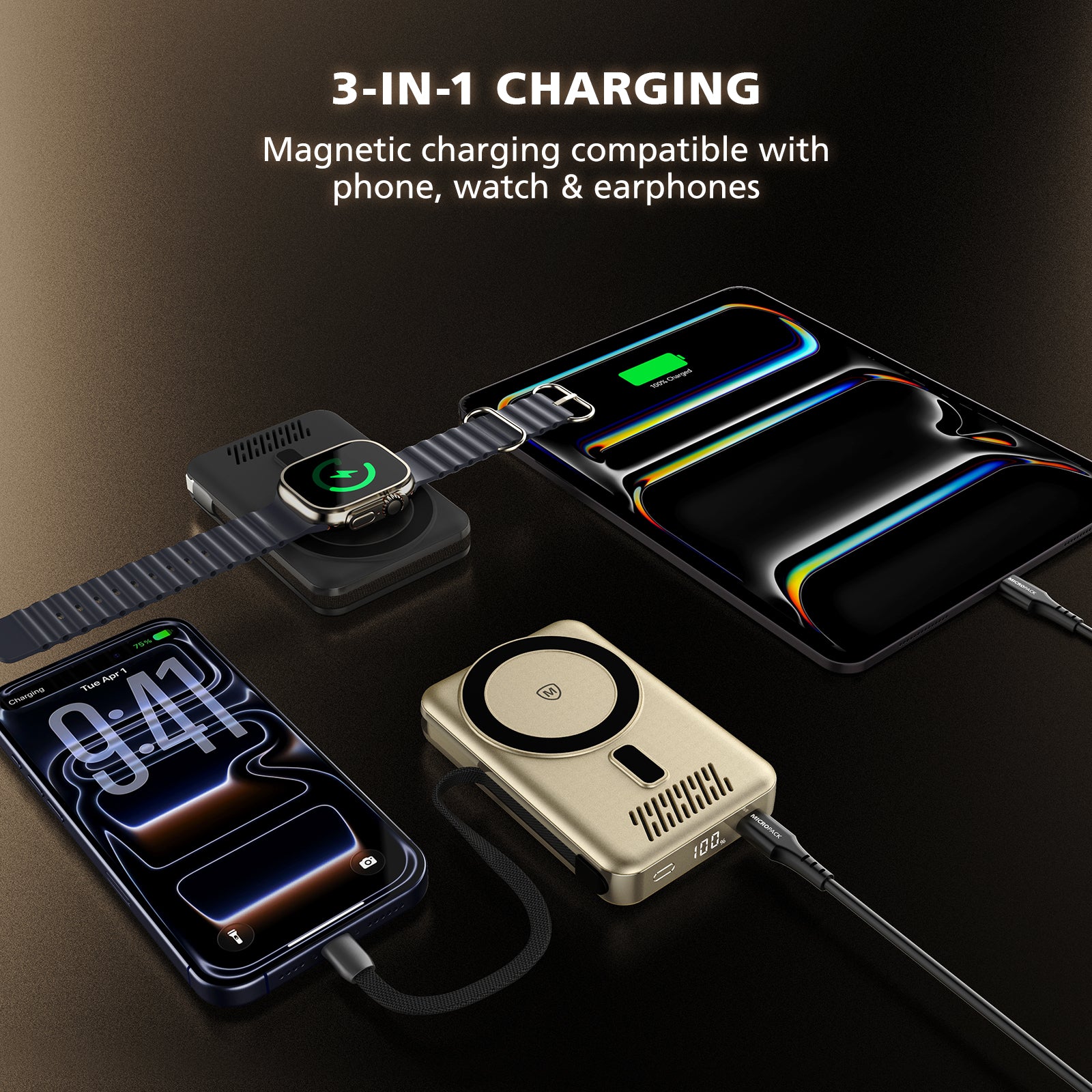 10000mAh 3 In 1 Magnetic Wireless Fast Charging Power Bank WPB-1035