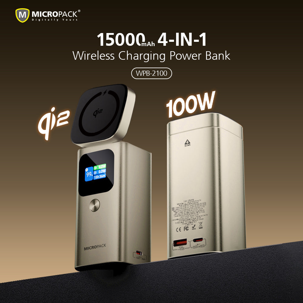 15000mAh 4-IN-1 Wireless Charging Power Bank with Micropack branding on a gradient background.