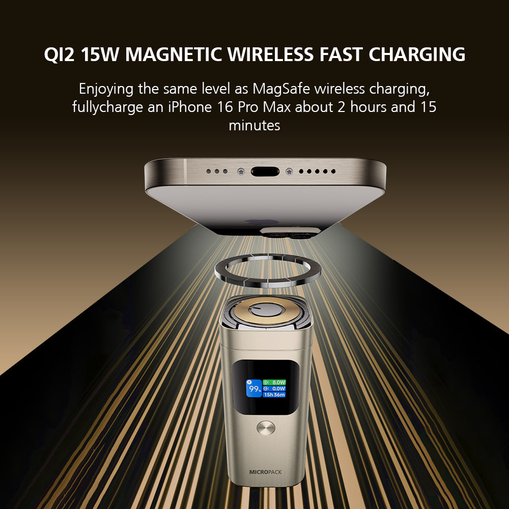 QI2 15W magnetic wireless charging device with smartphone on a dark background