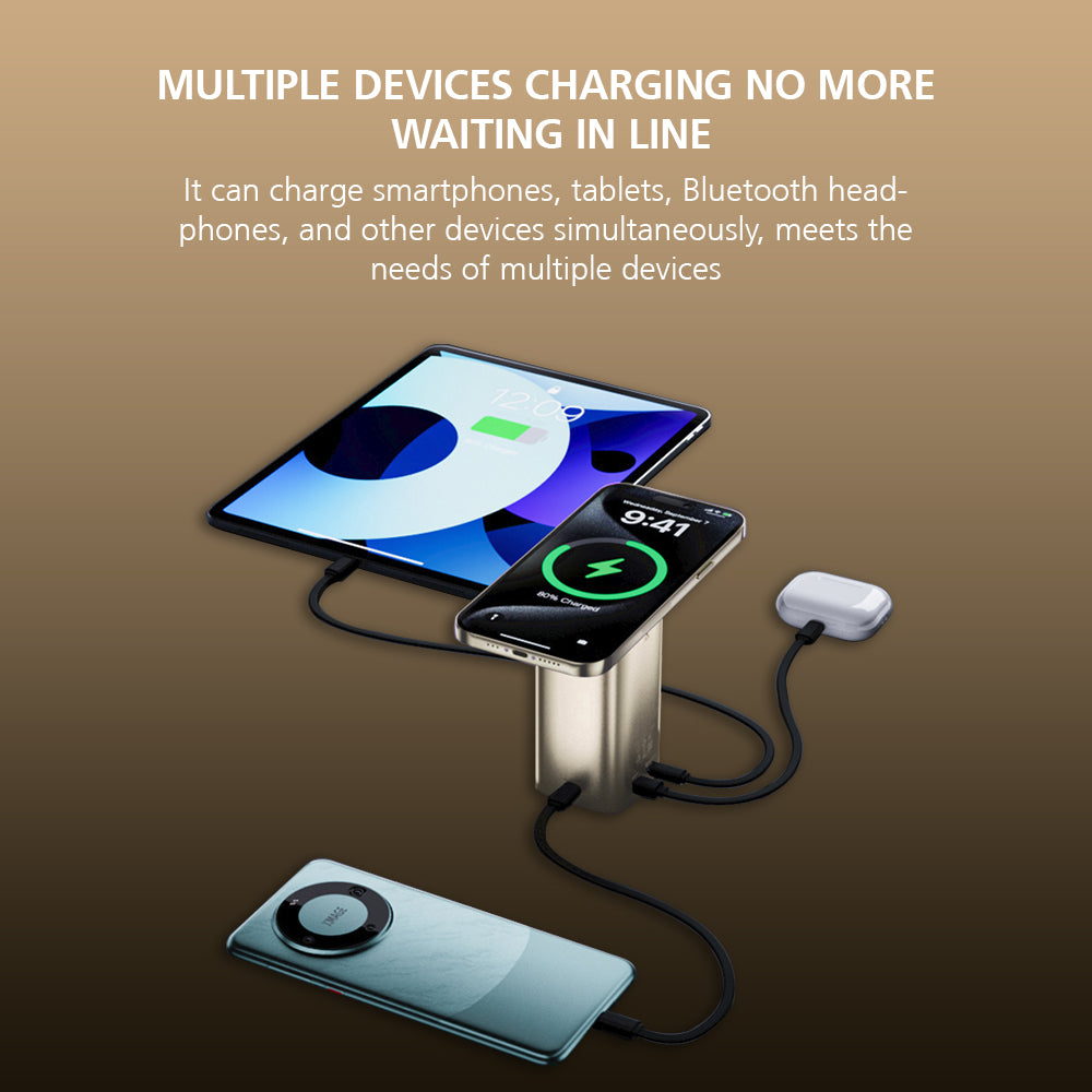 Multiple devices charging station with smartphone, tablet, and Bluetooth headphones on a brown background.