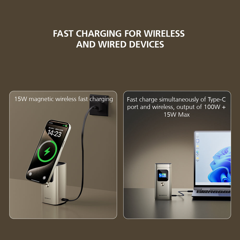 Charging station with smartphone and laptop on a brown background