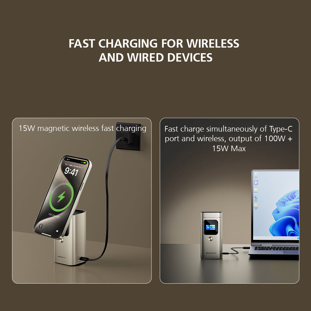 Charging station with smartphone, laptop, and power adapter on a brown background