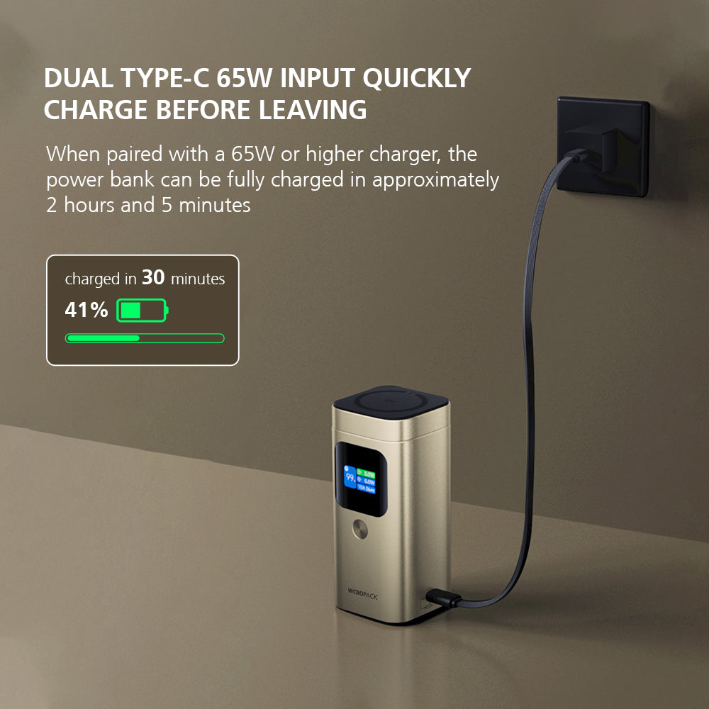 Power bank with dual Type-C input on a neutral background