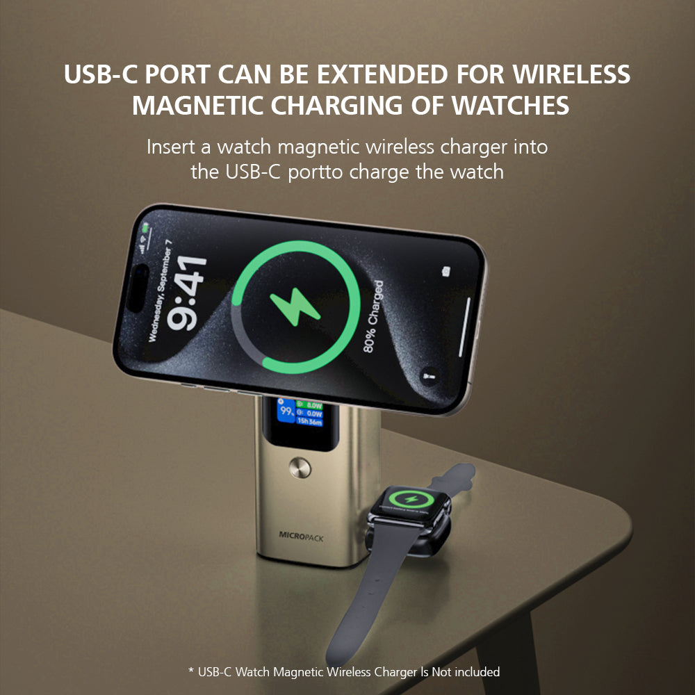 Smartphone with a watch on a charging stand, displaying wireless charging capabilities.