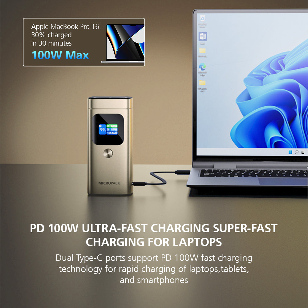 MicroPack charging device with laptop on a table, highlighting fast charging capabilities.