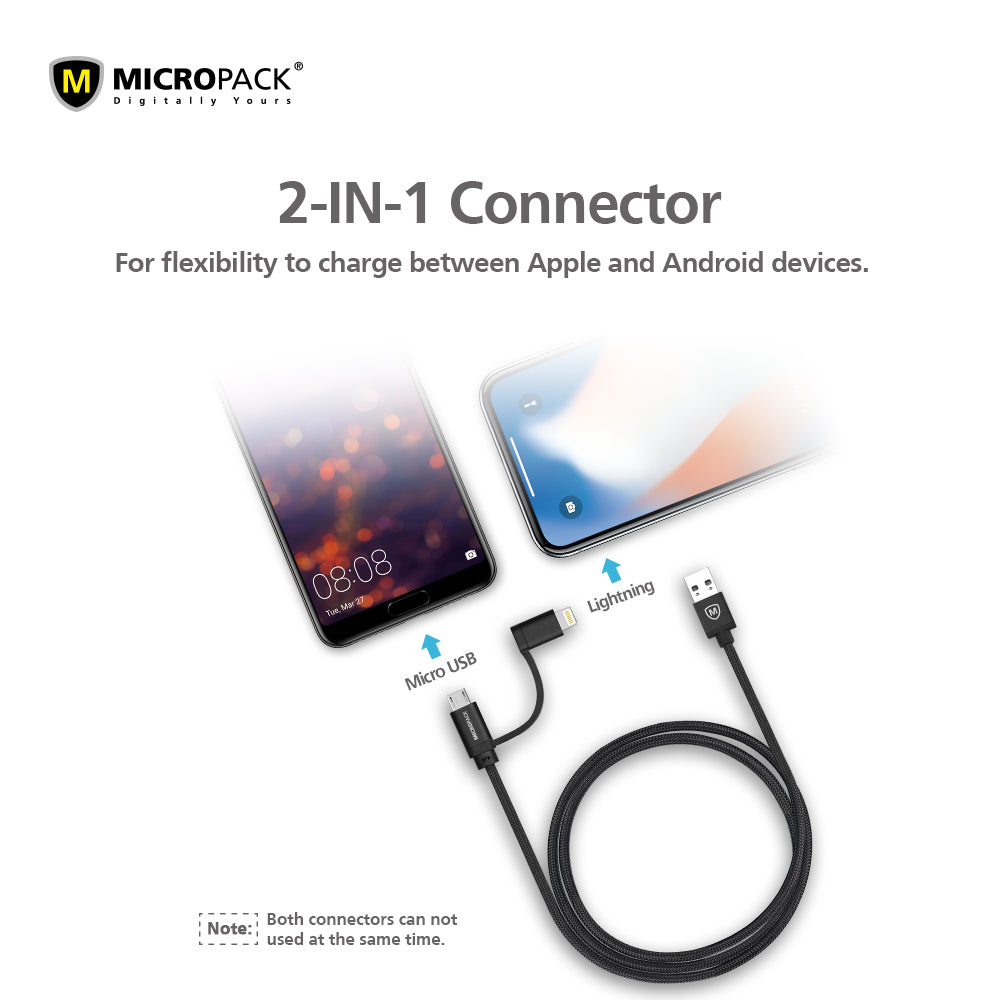 USB-A to Micro USB/Lightning 2-in-1 Charging Cables I-201 BLACK