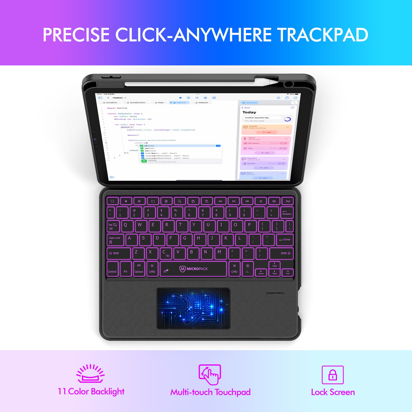 Tablet Case with Keyboard Slim Detachable Bluetooth Backlit Keyboard