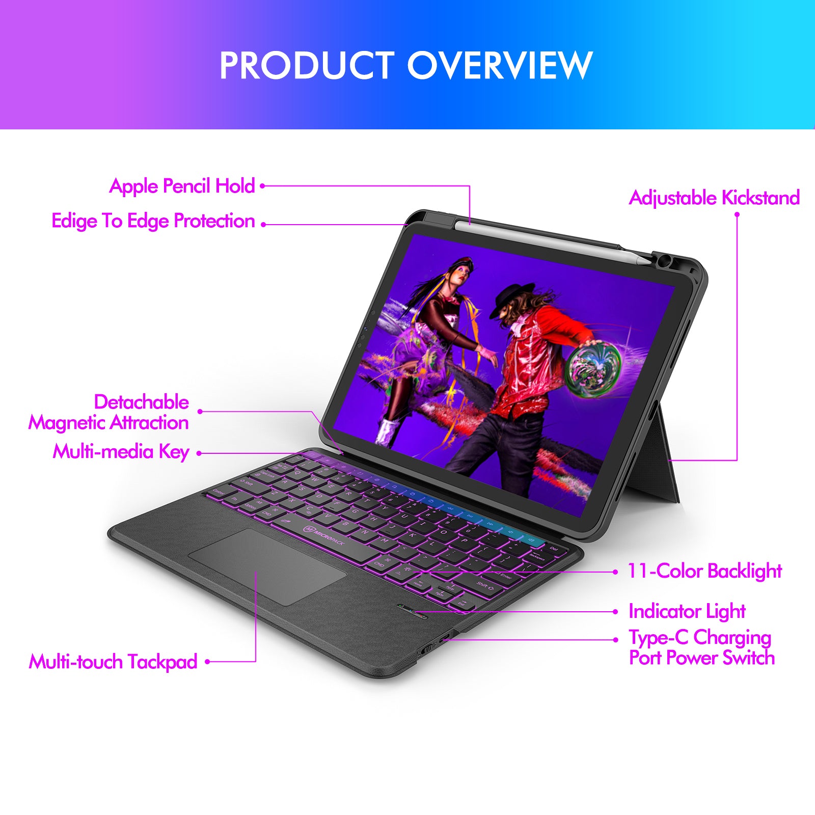 Tablet Case with Keyboard Slim Detachable Bluetooth Backlit Keyboard