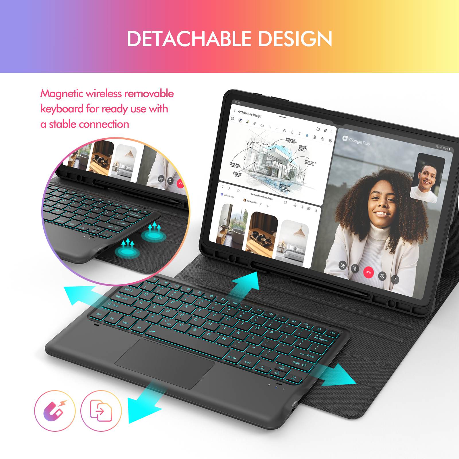 Tablet Case with Keyboard Type-C Rechargeable Detachable Keyboard